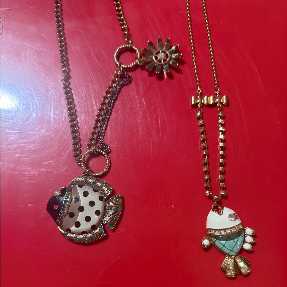 2 Betsy Johnson rare vintage fish necklaces. Bubble fish polkadot + Smaller Fish